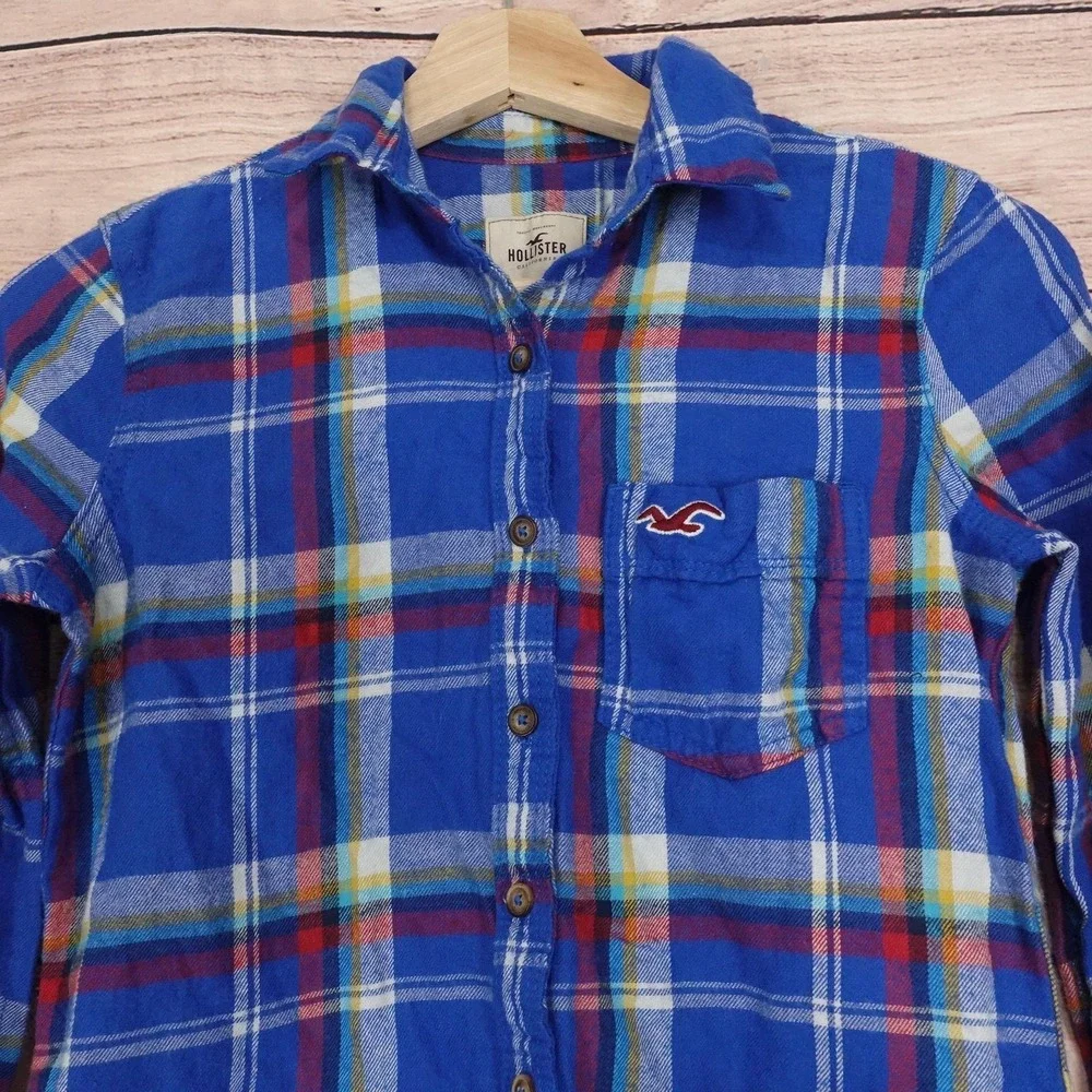 New! Hollister Button-Up Womens XS Blue‎ Plaid Flannel Long Sleeve Shirt Top